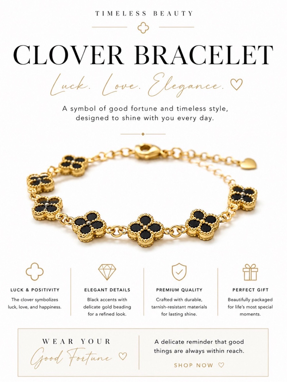 TIMELESS BEAUTY CLOVER ELEGANT FASHION GOLD TONE BRACELET